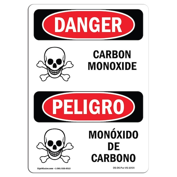 Safety Sign, OSHA Danger, 5" Height, Carbon Monoxide Bilingual Spanish, 10PK